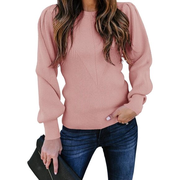 Sweaters - Womens Pullover Sweater Acrylic Slim Fit Puff Sleeve Crew Neck Casual